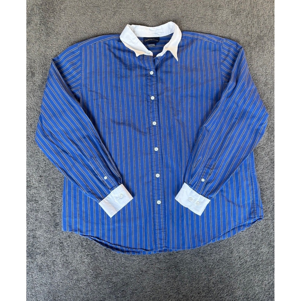 Charter Club Womens XL Blue Striped Button Down Shirt White Contrast Collar Cuff